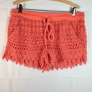 Jolt Junior’s Crochet Lace Shorts Coral Orange Boho Scalloped Hem Drawstring XL